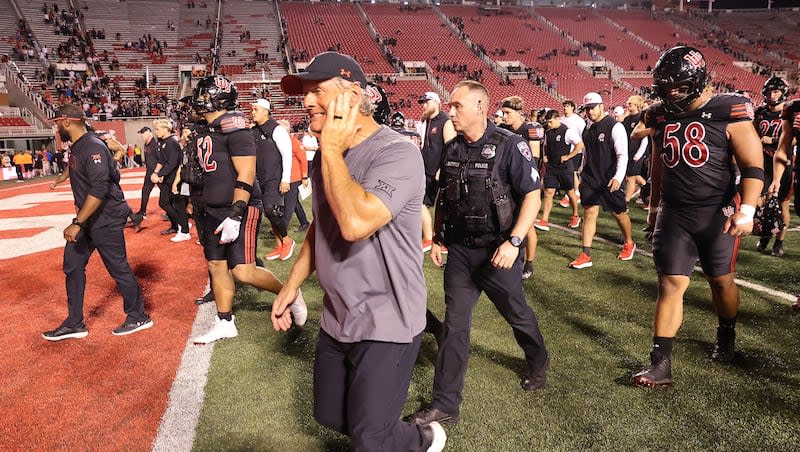 Utah Utes head coach Kyle Whittingham  walks off the field in Salt Lake City on Saturday, Sept. 28, 2024. Utah lost 23-10.