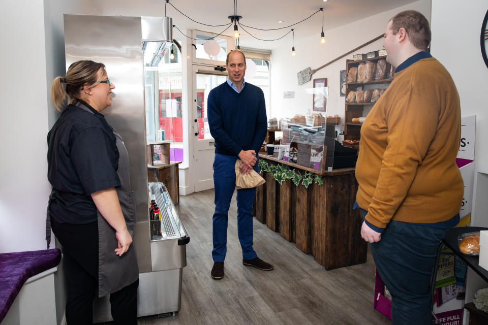 KING'S LYNN, ENGLAND - JUNE 19: Prince William, Duke of Cambridge speaks to shop staff Sarah Easthall and Ted Bartram during a visit to Smiths the Bakers, in the High Street on June 19, 2020 in King's Lynn, Norfolk. (Photo by Aaron Chown/WPA Pool/Getty Images)