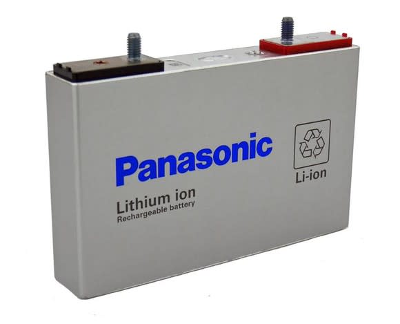 A rectangular Panasonic prismatic lithium-ion battery cell