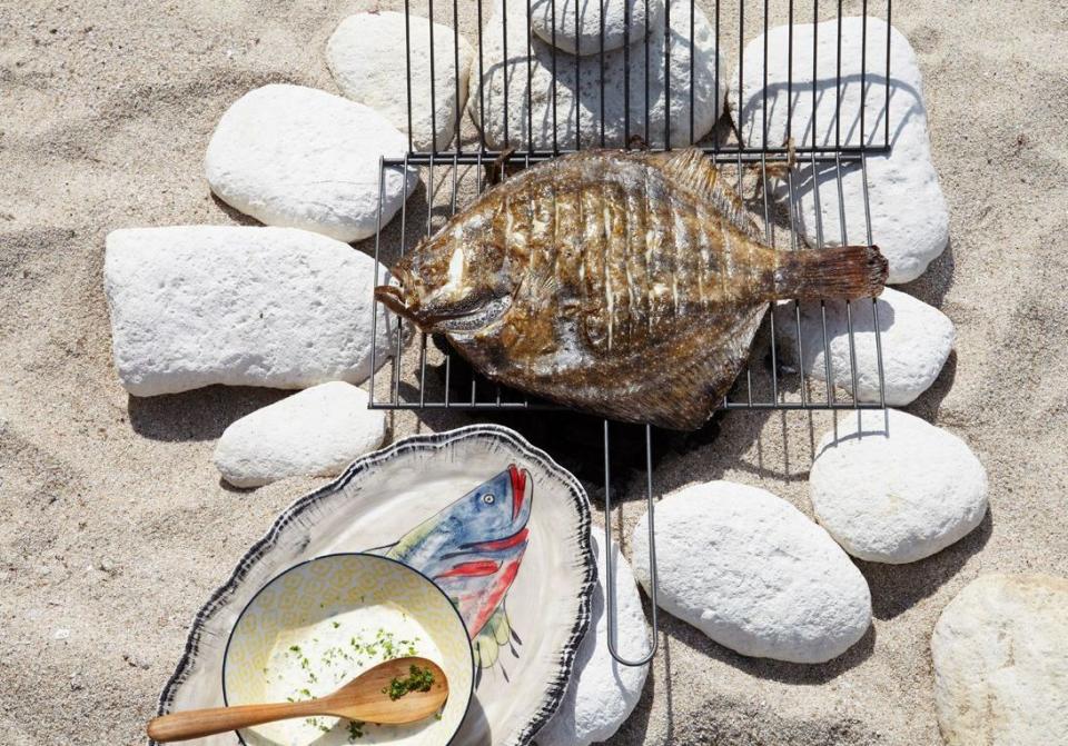 <p><b>Poisson au barbecue, sauce au beurre</b></p><p>Préparez les braises d’un barbecue. Rincez 1 gros turbot (ou 1 bar, ou 1 daurade) vidé, et enfermez-le dans une grille. Faites-le griller sur les braises, 10 mn environ (ou plus si le poisson est plus épais, comme un bar) de chaque côté, en le retournant souvent. Préparez la sauce : faites fondre 100 g de beurre sur feu doux, ajoutez 2 dl de crème et mélangez délicatement en incorporant le jus de 1 citron. Salez, poivrez et ajoutez 3 c. à s. de fines herbes ciselées de votre choix. Retirez le poisson des braises, ôtez la peau, levez les filets et servez-les nappés de sauce.</p><br>