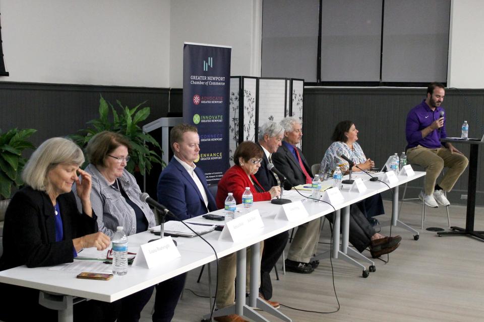 Candidates for Newport School Committee prepare to answer questions from Chris Gross of FabNewport during a forum at Innovate Newport on Thursday, Sept. 29, 2022.