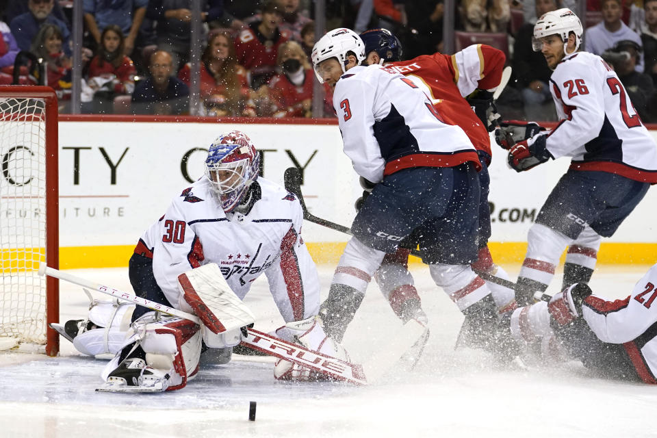 Washington Capitals goaltender Ilya Samsonov (30) defends the goal during the second period of Game 5 of the first round of the NHL Stanley Cup hockey playoffs against the Florida Panthers, Wednesday, May 11, 2022, in Sunrise, Fla. (AP Photo/Lynne Sladky)