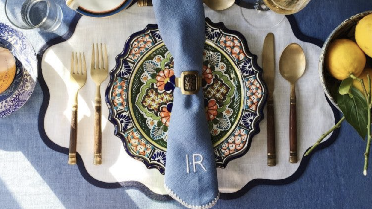 blue and white table setting