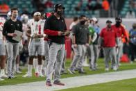 Ohio State head coach Ryan Day watches his team during the first half of an NCAA College Football Playoff national championship game against Alabama, Monday, Jan. 11, 2021, in Miami Gardens, Fla. (AP Photo/Lynne Sladky)