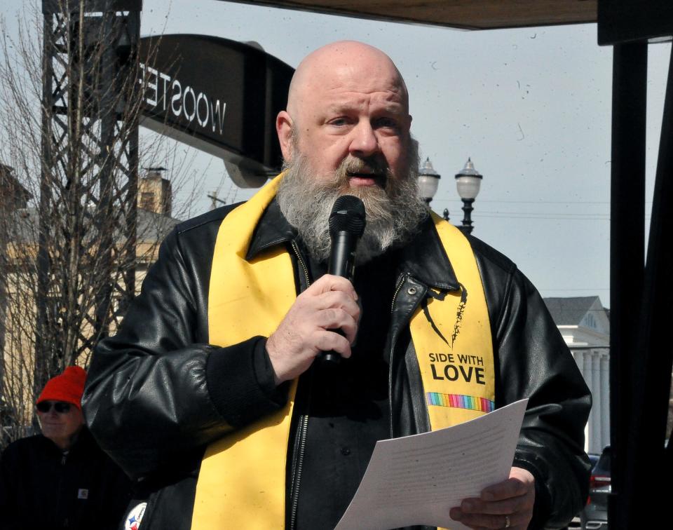 The Rev. Walter Clark, of Unitarian Universalist Fellowship, airs his frustrations about the persistence of police violence during the 1,000 consecutive Black Lives Matter demonstration in downtown Wooster Saturday.