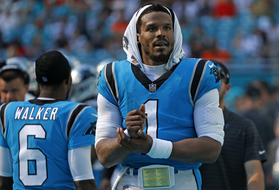 Cam Newton&#39;s third game back in Carolina did not go as planned. (Cliff Hawkins/Getty Images)