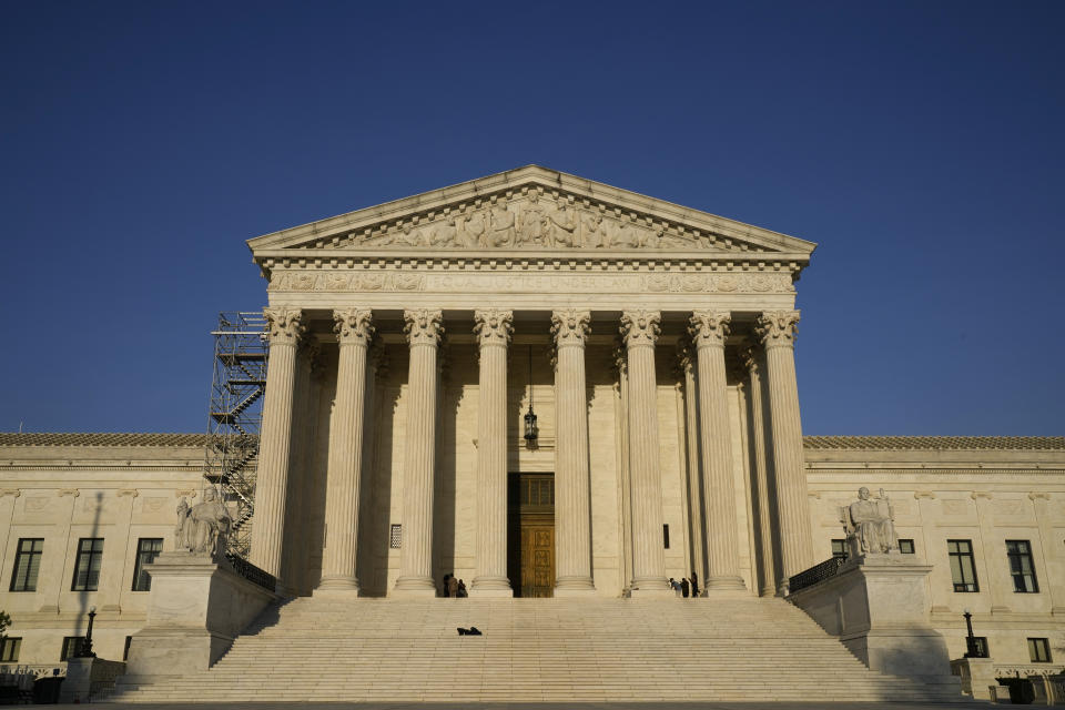 The Supreme Court is seen on Friday, April 21, 2023, in Washington. The Supreme Court has preserved women's access to a drug used in the most common method of abortion, rejecting lower-court restrictions while a lawsuit continues. The justices on Friday granted emergency requests from the Biden administration and New York-based Danco Laboratories, maker of the drug mifepristone. (AP Photo/Jacquelyn Martin)