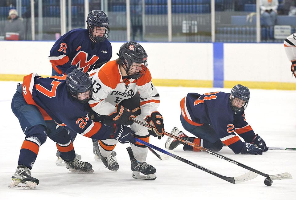 Thayer's #13 Tommy Anderson of Duxbury makes a break for the Milton Academy goal with Milton's Kyle Greene on his back.

Milton Academy hosts Thayer Academy in boys hockey on Friday Feb. 16, 2024