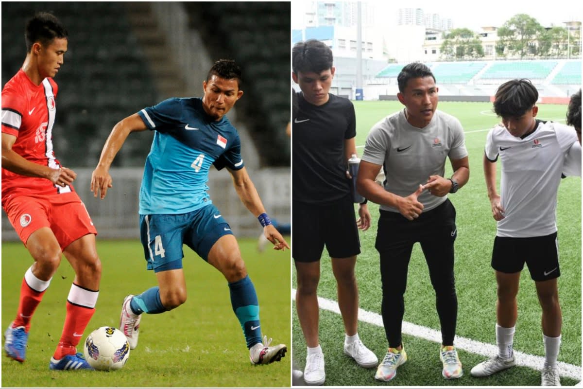 Isa Halim in his playing days as a Singapore international midfielder (left) and now as a football coach for the Singapore Sports School.