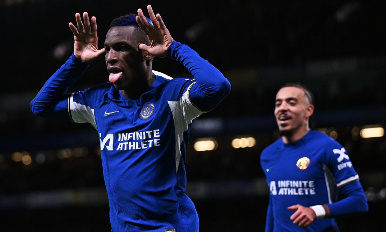 <span>Nicolas Jackson celebrates scoring against Everton on Monday, his 10th league goal of the season. This matches the tally managed by Didier Drogba in his first season at the club.</span><span>Photograph: Darren Walsh/Chelsea FC/Getty Images</span>