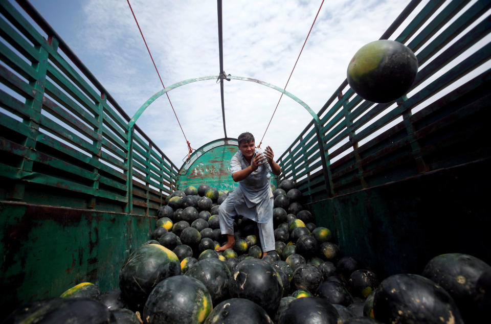 <p>Ein Arbeiter im pakistanischen Peschawar entlädt einen Lieferwagen mit Wassermelonen. (Bild: Reuters/Fayaz Aziz) </p>