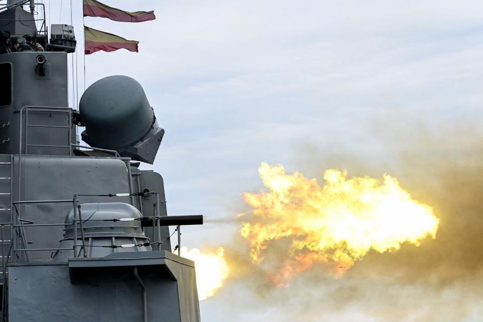 Russia's Marshal Shaposhnikov anti-submarine destroyer fires during the 'Vostok-2022' military exercises at the Peter the Great Gulf of the Sea of Japan outside the city of Vladivostok on September 5, 2022.