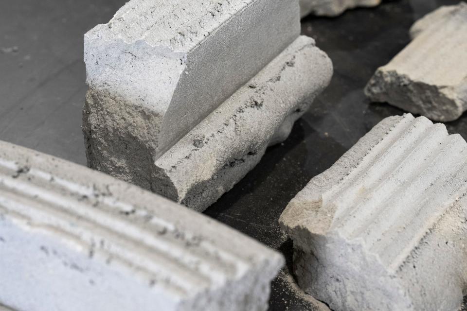 Apr 6, 2023; Columbus, Ohio, USA;  Examples of cement printing made from Ohio’s first construction 3D printer are seen at Plumb Hall in Columbus, Ohio on Thursday afternoon. Mandatory Credit: Joseph Scheller-The Columbus Dispatch