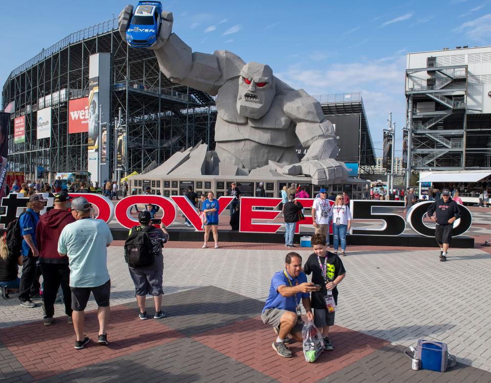 Kids and adults love taking photos with the 46-foot-tall Monster Monument at Victory Plaza at Dover Motor Speedway.