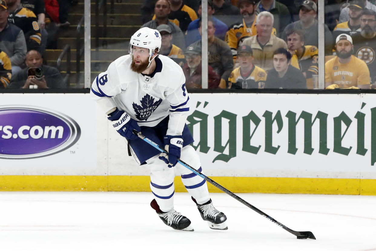 BOSTON, MA - APRIL 23: Toronto Maple Leafs defenseman Jake Muzzin (8) looks up ice during Game 7 of the 2019 First Round Stanley Cup Playoffs between the Boston Bruins and the Toronto Maple Leafs on April 23, 2019, at TD Garden in Boston, Massachusetts. (Photo by Fred Kfoury III/Icon Sportswire via Getty Images)