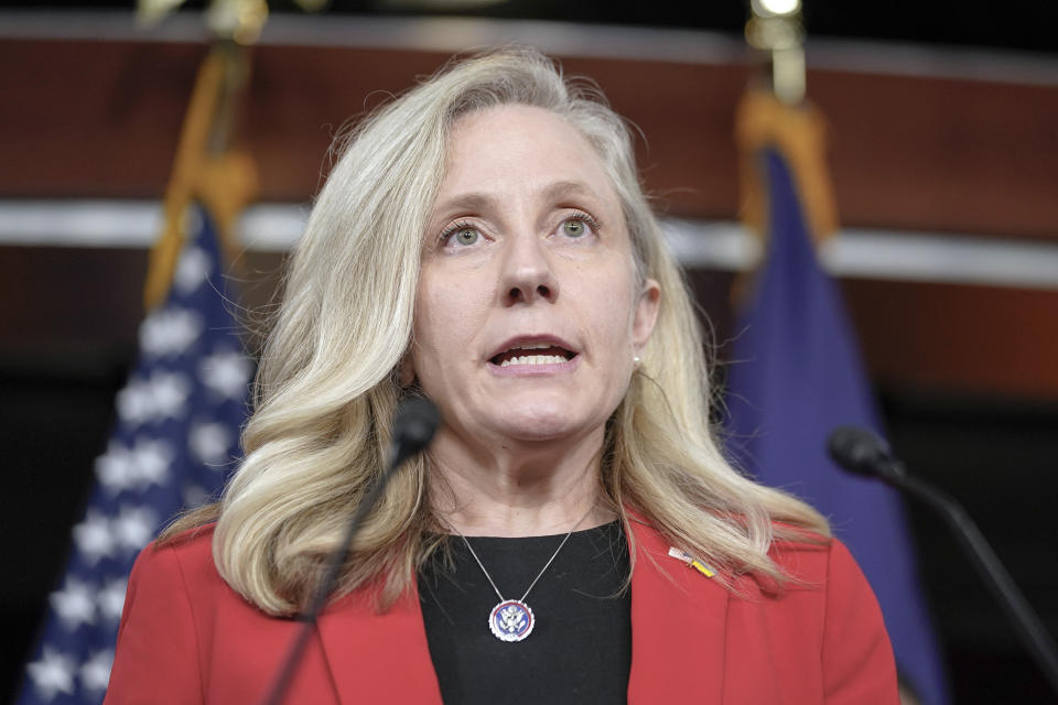FILE -Rep. Abigail Spanberger, D-Va., speaks during a news conference on national security legislation on Capitol Hill Tuesday, Feb. 13, 2024, in Washington. Democratic Richmond Mayor Levar Stoney announced Tuesday, April 23, 2024, that he is dropping his bid for Virginia governor in 2025 and will instead run for lieutenant governor. When Stoney entered the gubernatorial race in December, it set up a Democratic nomination contest with U.S. Rep. Abigail Spanberger, a former CIA officer who has cultivated an identity as a bipartisan consensus builder over three terms in Congress. (AP Photo/Mariam Zuhaib, File)