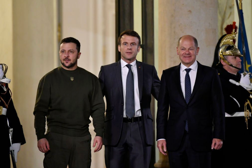 President Volodymyr Zelensky and German Chancellor Olaf Scholz meet with French President Emmanuel Macron at the Elysee Palace on Feb. 8, 2023, in Paris, France. (Photo by Aurelien Meunier/Getty Images)