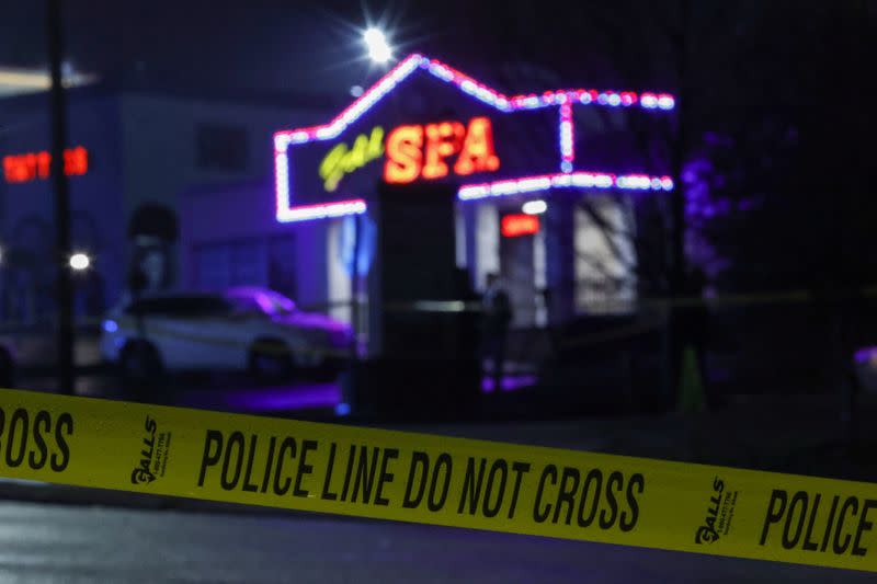 Crime scene tape surrounds Aromatherapy Spa after deadly shootings at spas in Atlanta