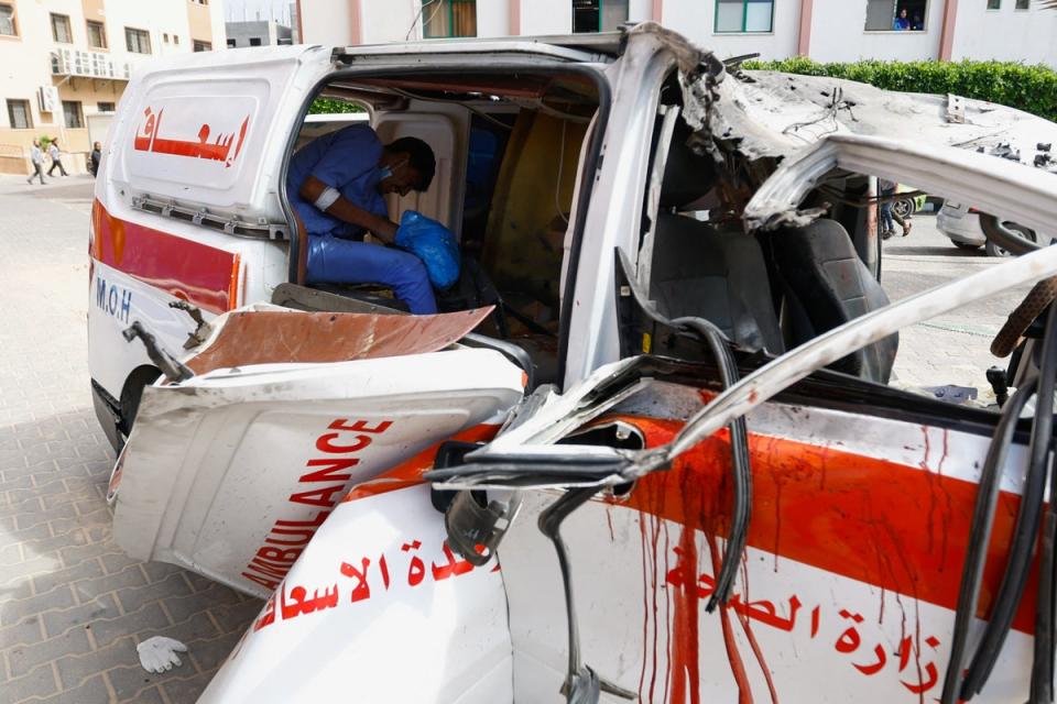 A view of an ambulance hit by an Israeli strike, after Hamas gunmen launched a surprise attack against Israel (Reuters)