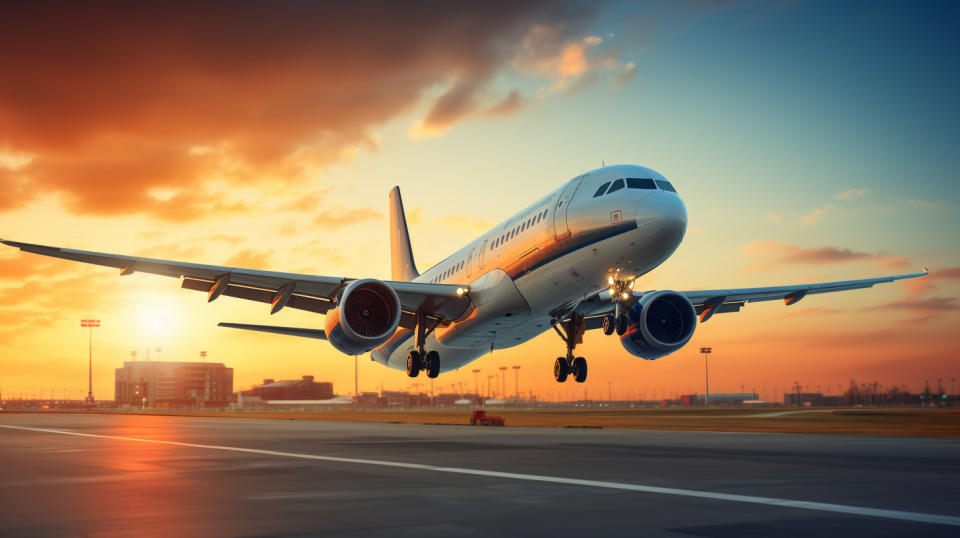 A passenger jet taking off, representing the company's commitment to air transportation services.