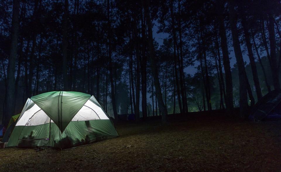 Tent with light on in the middle of a dark forest