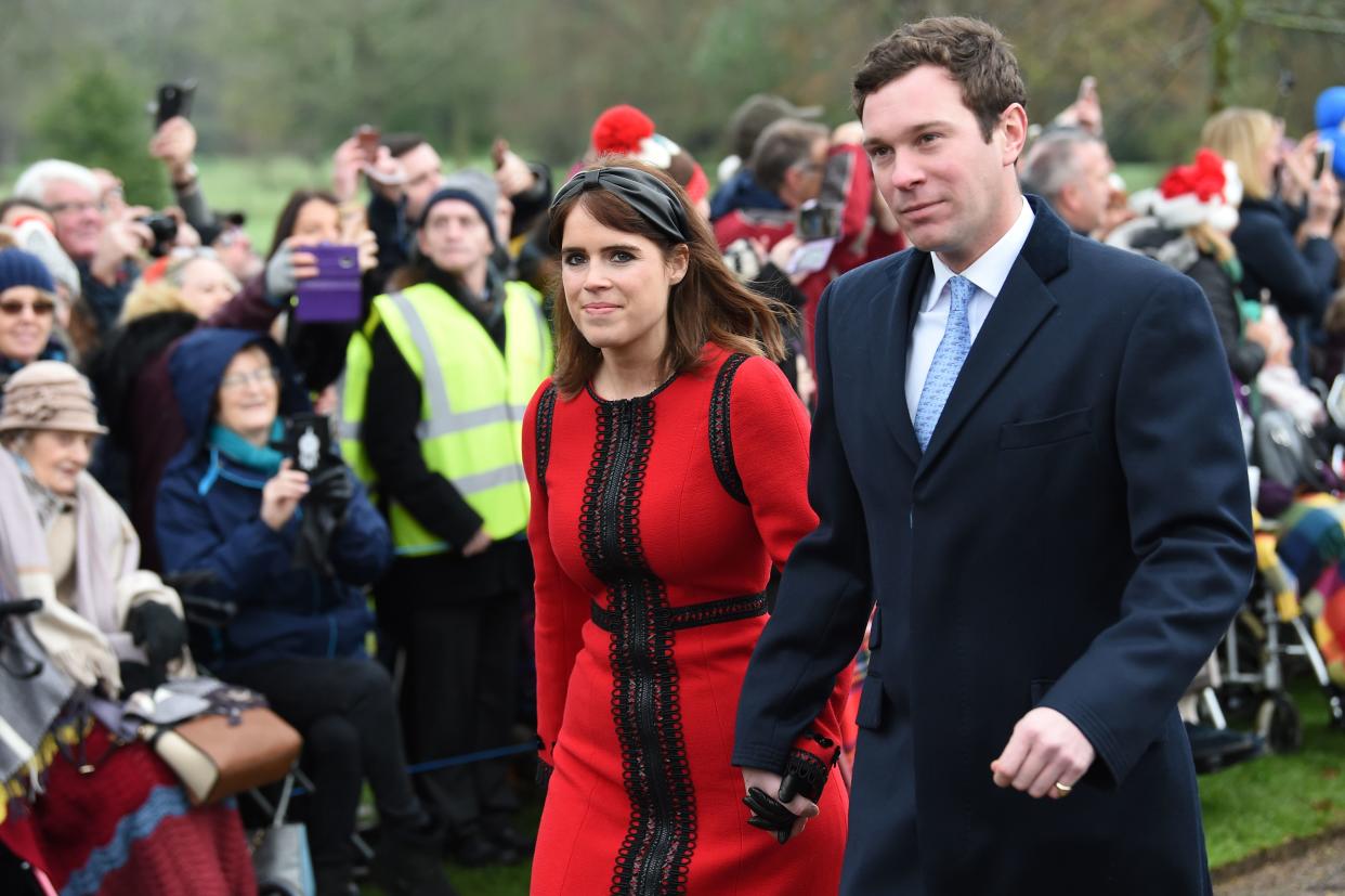 Britain's Princess Eugenie of York (L) and her husband Jack Brooksbank arrive for the Royal Family's traditional Christmas Day service at St Mary Magdalene Church in Sandringham, Norfolk, eastern England, on December 25, 2018. (Photo by Paul ELLIS / AFP)        (Photo credit should read PAUL ELLIS/AFP via Getty Images)