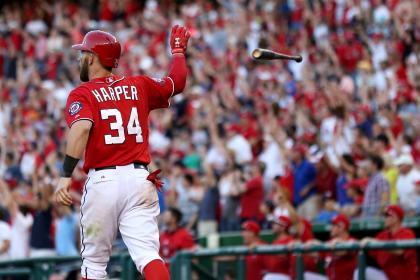 Bryce Harper tosses his bat after hitting a walk-off home run on Saturday. (Getty)