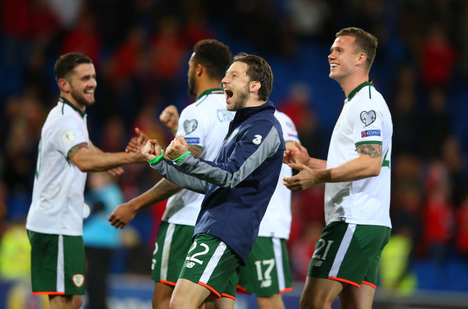 Harry Arter celebrating in typical rambunctious style after Ireland beat Wales.
