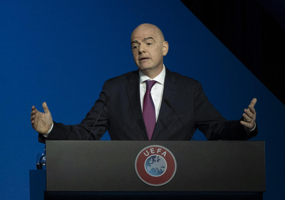 FILE - In this Tuesday March 3, 2020 file photo, FIFA President Gianni Infantino addresses a meeting of European soccer leaders at the congress of the UEFA governing body in Amsterdam, Netherlands. (AP Photo/Peter Dejong, File)