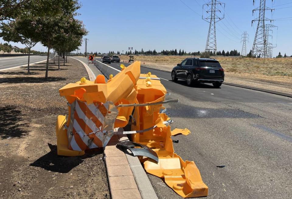 A piece of traffic equipment was destroyed on the first day of a new traffic pattern on eastbound Herndon Avenue between Hayes and Polk avenues in northwest Fresno on Aug. 7, 2023. Drivers on Herndon are being diverted onto a new portion of the Veterans Boulevard project. The old lanes of Herndon, now closed, will eventually be demolished.