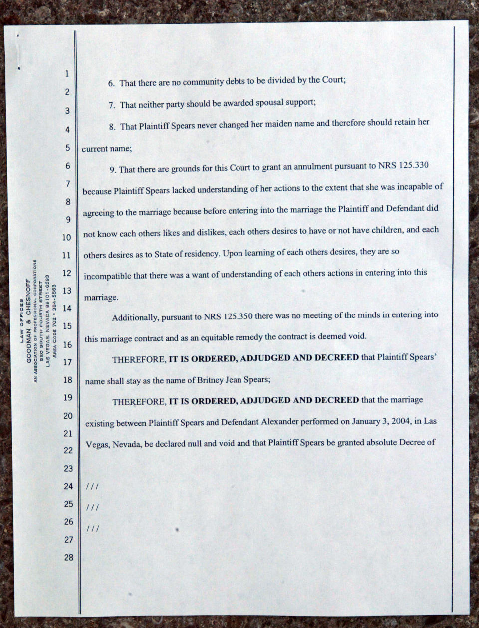 LAS VEGAS, NV - JANUARY 5:  A copy of the affidavit for annulment of marriage for recording artist/bride Britney Spears and groom Jason Allen Alexander on file at the Family Courts Service Building January 5, 2004 in Las Vegas, Nevada.  The wedding ceremony was performed on January 3, 2004.  (Photo by Frederick M. Brown/Getty Images)