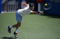 Jannik Sinner, of Italy, reaches for a shot against Sebastian Korda during a match at the Citi Open tennis tournament, Thursday, Aug. 5, 2021, in Washington. (AP Photo/Nick Wass)