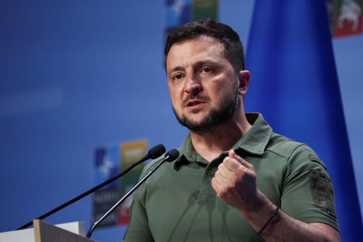 Ukraine’s President Volodymyr Zelenskiy holds a press conference during a NATO leaders summit in Vilnius, Lithuania July 12 (Reuters)