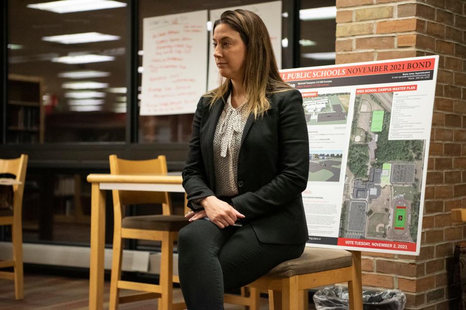 Superintendent Becky Jones attends a public forum at Marshall High School on Wednesday, March 2, 2022.