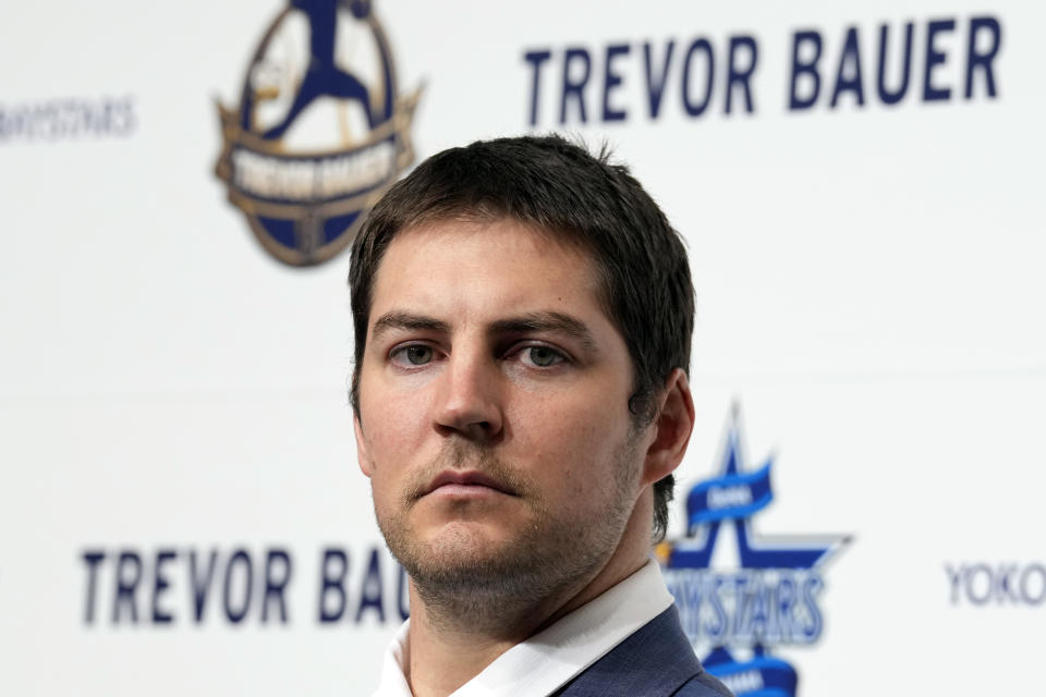 Trevor Bauer attends a news conference of Yokohama DeNA BayStars Friday, March 24, 2023, in Yokohama, near Tokyo. (AP Photo/Eugene Hoshiko)