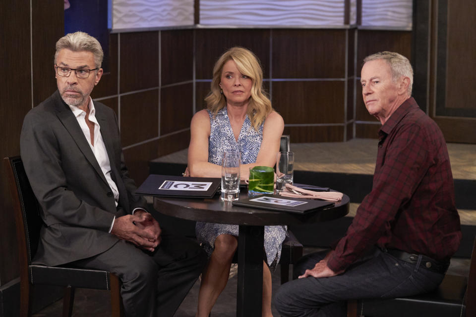 This image released by ABC shows John J. York, from left, Kristina Wagner and Tristan Rogers in a scene from "General Hospital." (Craig Sjodin/ABC via AP)