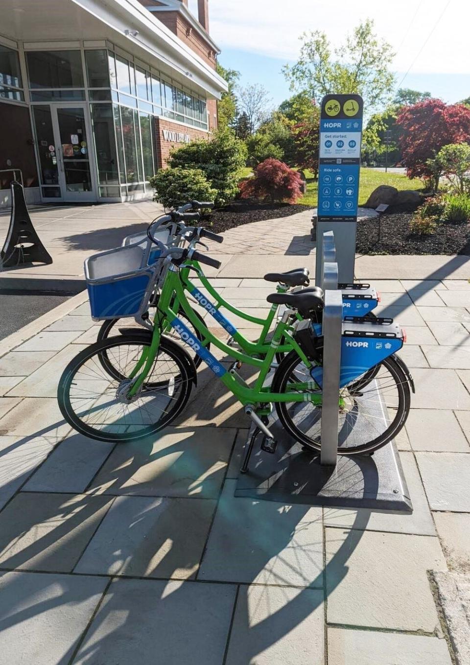 Canandaigua is now in the bike-share game, with stations around the city, including here at Wood Library, and at Finger Lakes Community College.
