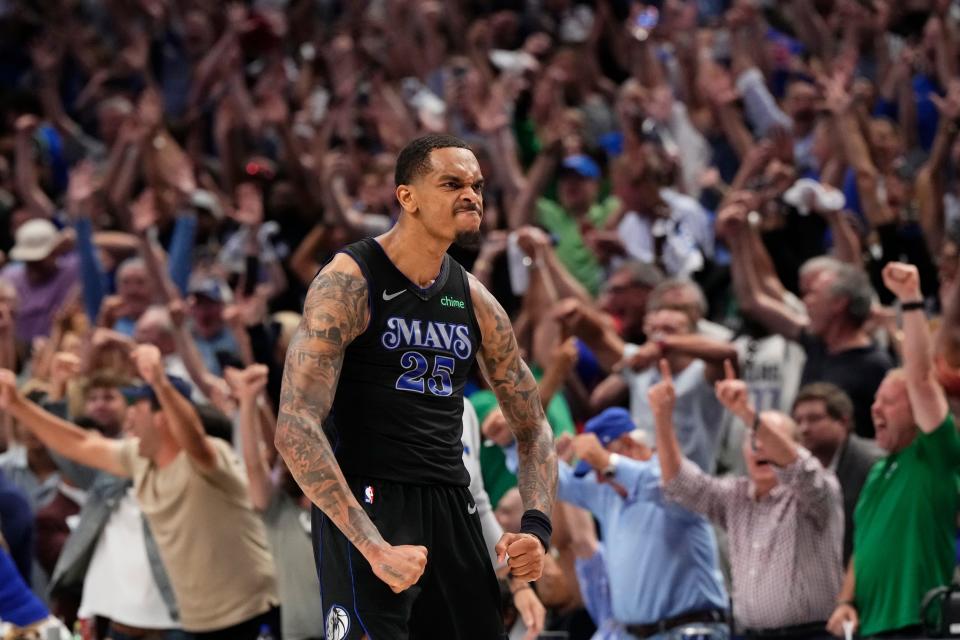 Dallas' P.J. Washington celebrates during the fourth quarter against Oklahoma City in Game Six of the Western Conference semifinals Saturday night at American Airlines Center in Dallas.