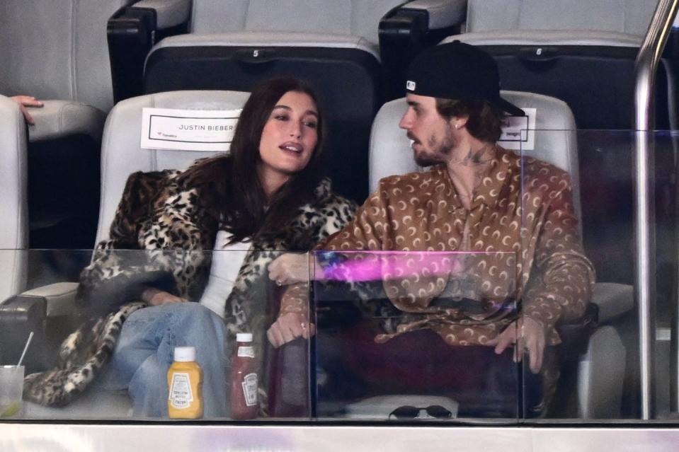 canadian singer songwriter justin bieber and his wife us model hailey bieber watch super bowl lviii between the kansas city chiefs and the san francisco 49ers at allegiant stadium in las vegas, nevada, february 11, 2024 photo by patrick t fallon  afp photo by patrick t fallonafp via getty images