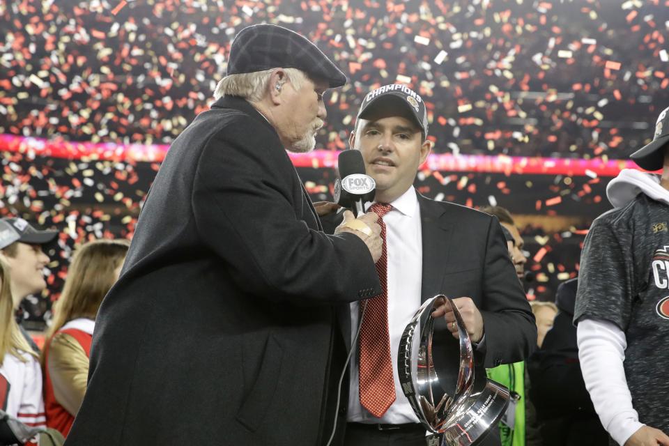 San Francisco 49ers owner Jed York, center, is interviewed by Terry Bradshaw after the NFC championship game win over the Green Bay Packers Sunday, Jan. 19, 2020, in Santa Clara, Calif.