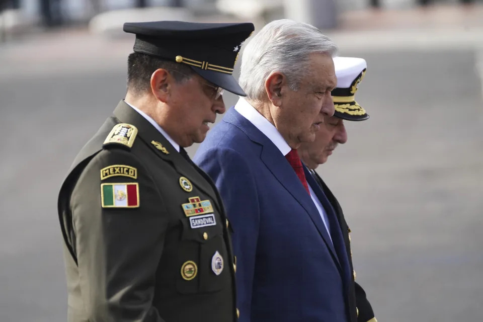 Andr&#xe9;s Manuel L&#xf3;pez Obrador (AMLO), Luis Crescencio Sandoval, Secretario de la Defensa Nacional y Vidal Francisco Sober&#xf3;n, Secretario de Marina  (AP Photo/Marco Ugarte, File)