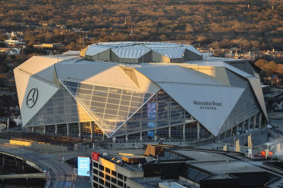 ATLANTA, GEORGIA - DECEMBER 26: A general view of Mercedes-Benz Stadium is seen on December 26, 2022 in Atlanta, Georgia. On December 31, 2022, the #4 Ohio State Buckeyes will face the #1 Georgia Bulldogs in the CFP Semifinal at the Chick-fil-A Peach Bowl, in Atlanta, Georgia. (Photo by Paul Abell/Chick-fil-A Peach Bowl)