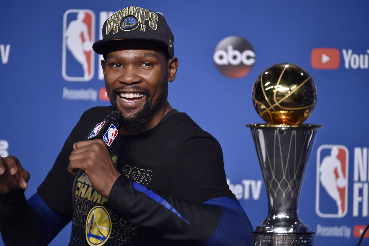 Kevin Durant earned his second straight Finals MVP on Friday night. (Getty Images)