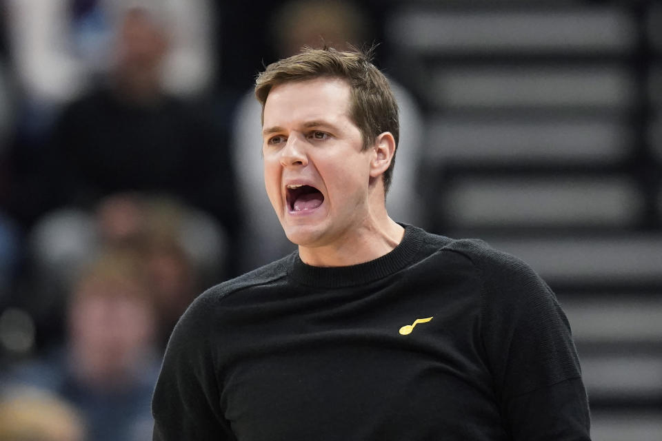 Utah Jazz coach Will Hardy shouts to the team during the second half of an NBA basketball game against the Miami Heat on Saturday, Dec. 30, 2023, in Salt Lake City. (AP Photo/Rick Bowmer)