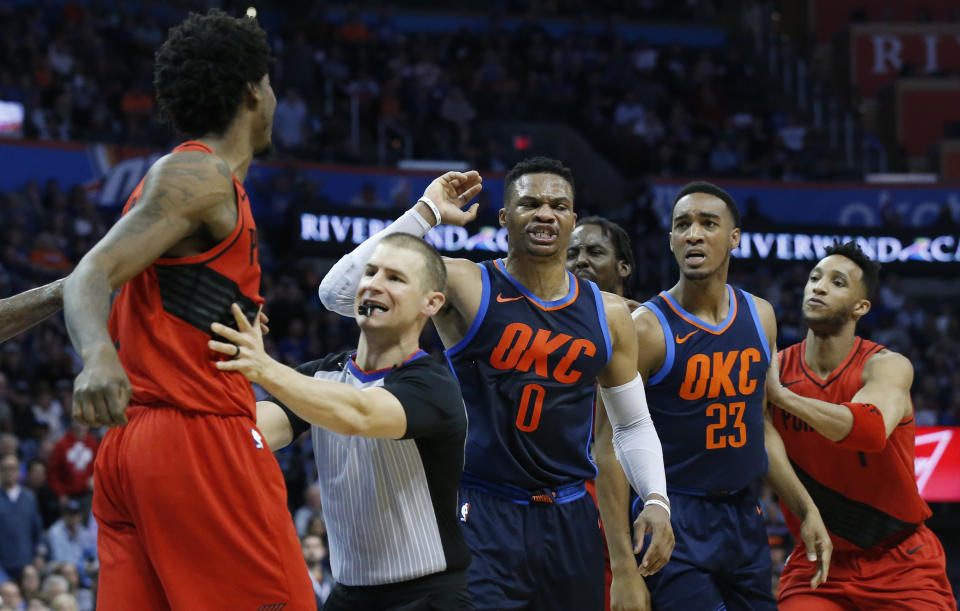 The Blazers and Thunder exchanged a few heated shoves Sunday. (AP Photo)