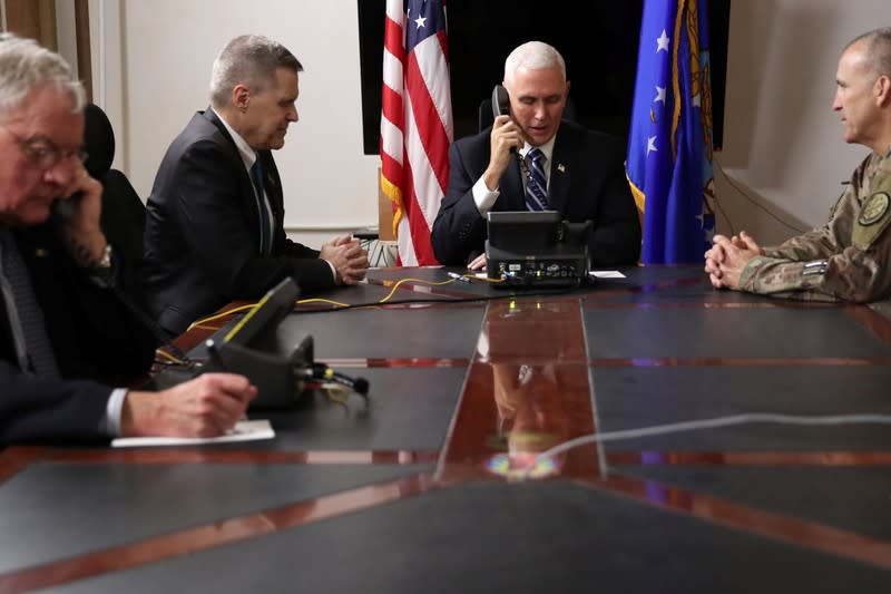 U.S. Vice President Pence places a call to Iraqi Prime Minister Abdul-Mahdi upon arriving at Al Asad Air Base, Iraq