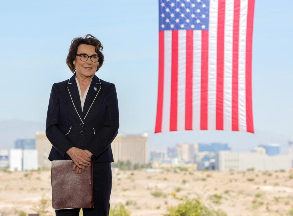 PHOTO: Sen. Jacky Rosen waits to speak during a groundbreaking ceremony at the Brightline West Las Vegas, April 22, 2024, in Las Vegas, Nevada.  (Ethan Miller/Getty Images)