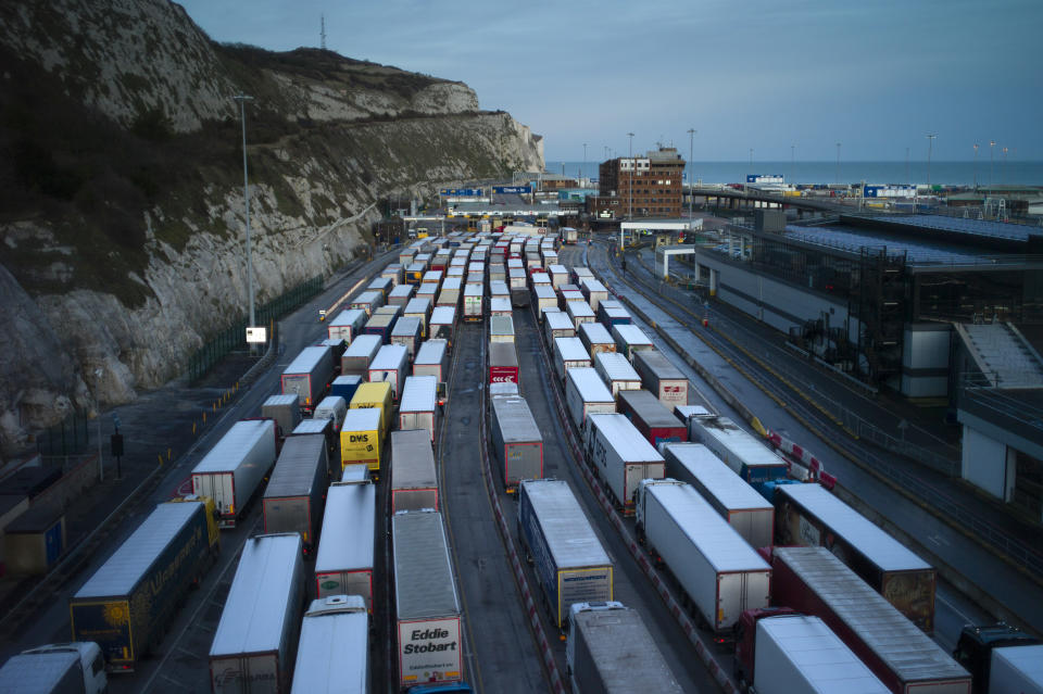 Freight queues at Dover port, England. Photo: Dan Kitwood/Getty Images