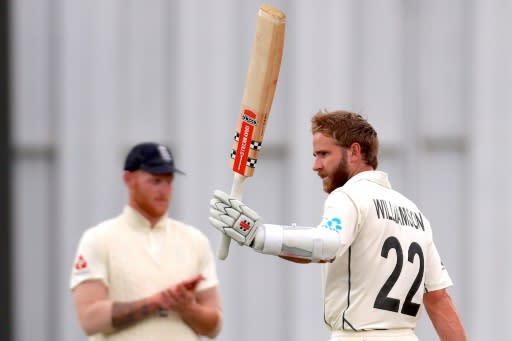 New Zealand captain Kane Williamson celebrates reaching his century