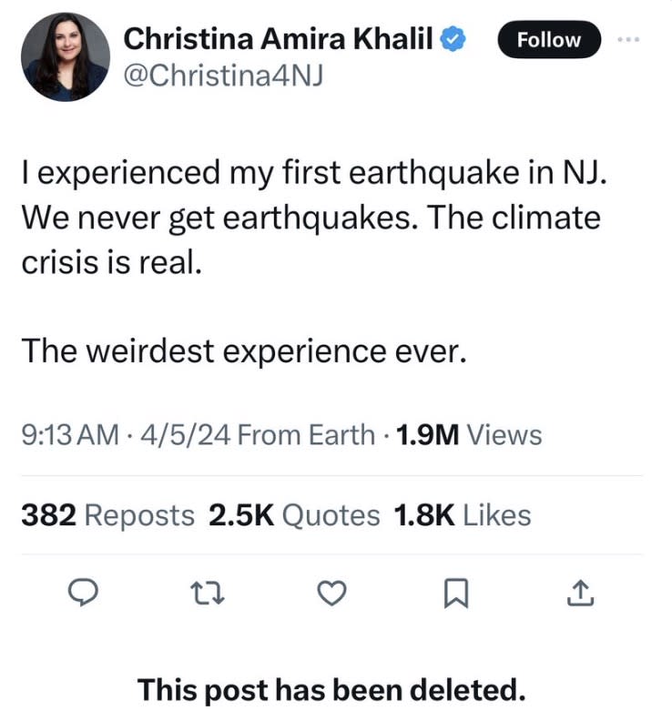 Christina Amira Khalil, a Green Party candidate for New Jersey’s US Senate seat, claimed on X that climate change was to blame for the earthquake. X/@Christina4NJ